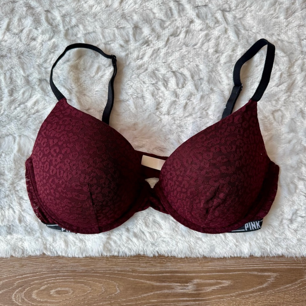 Victoria’s Secret PINK Dark Red Leopard Print Lace Padded Bra 36D